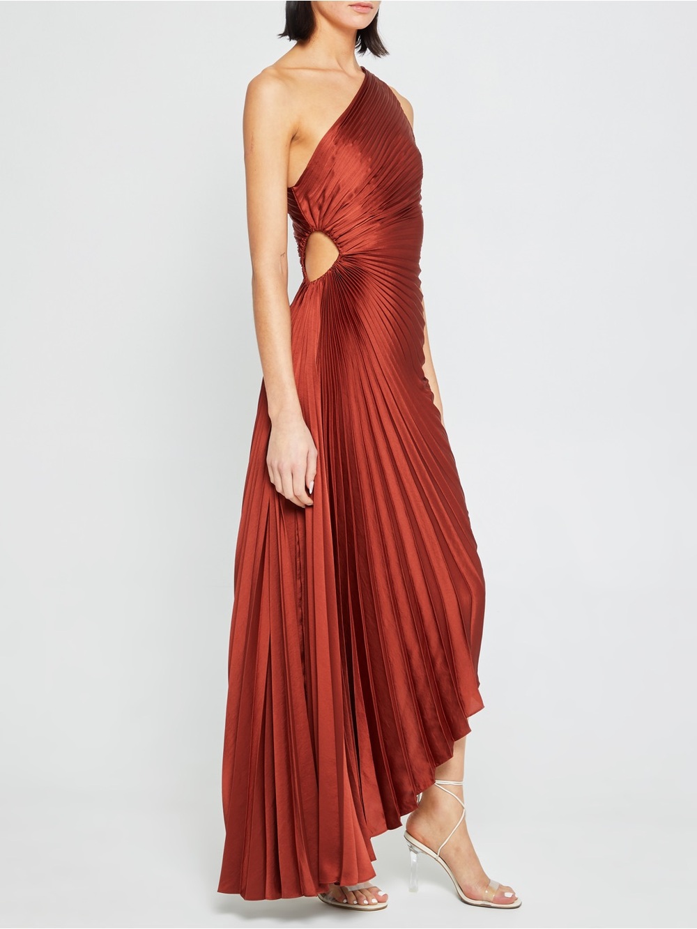 One-Shoulder Rust Pleated Asymmetrical Dress - Picture 3 of 7